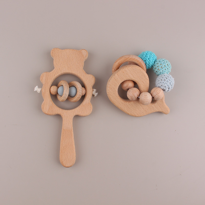 Beech Bear Bell Baby Molars Bracelet Handmade Beads Cartoon Handbell Juguetes para niños dos piezas