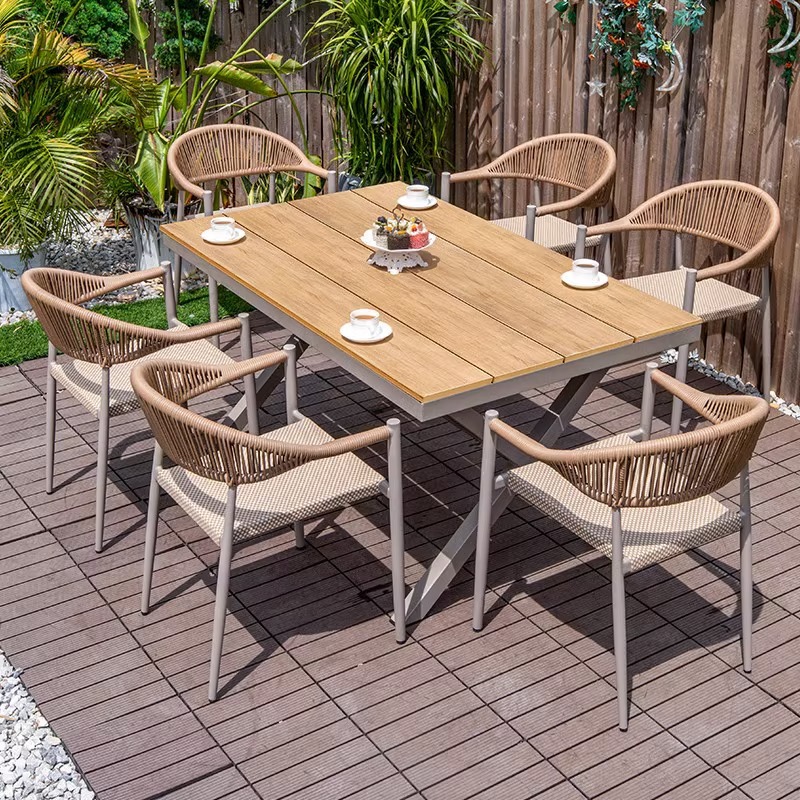 Mesas y sillas al aire libre patio de madera de plástico terraza jardín silla de mimbre balcón madera anticorrosiva al aire libre mesa de comedor de ocio combinación de ratán