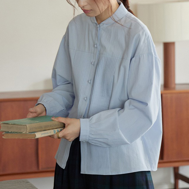 """"White Drawing Work Room"""Xiaer’S Line Notation""40 Count Washed Old-Feel Cotton Ingot Collar Literary Girl Shirt