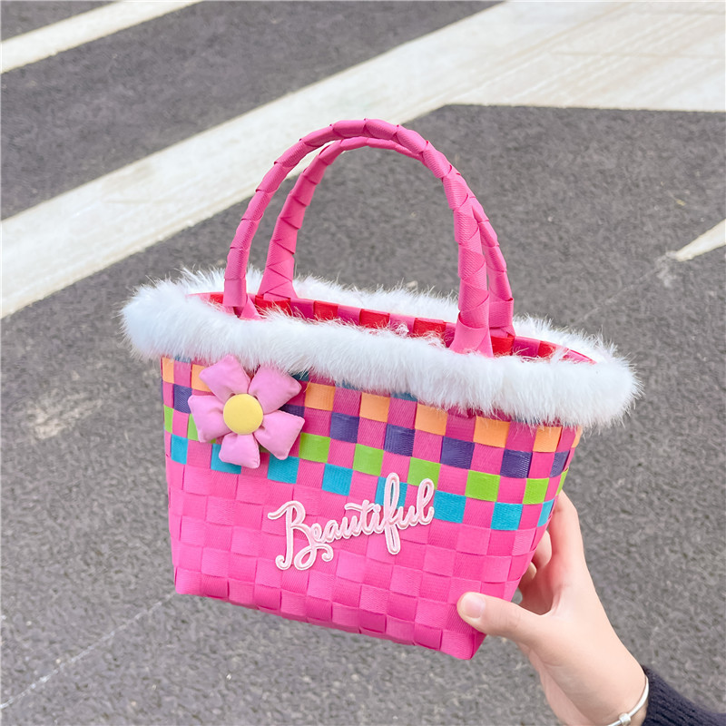 Nueva cesta de alimentos Internet celebridad bolso mano-llevar a cuadros Arco Iris tejido pequeño bolso cuadrado de las niñas de dibujos animados de ajedrez bandeja de almacenamiento bolsa