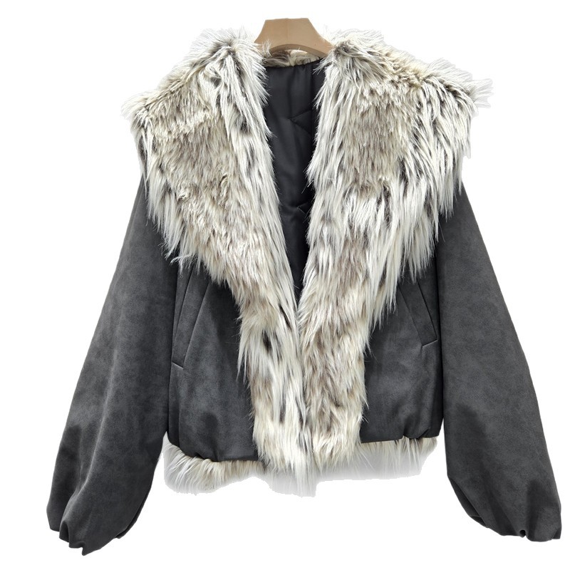 Estación europea de invierno 2025 nueva chica americana estampada leopardo gran peludo collar interior chaqueta de abrigo corto de algodón