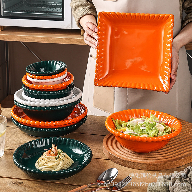 ins French Creative Pearl Edge Dishes and Dishes Tableware Combination Restaurant Household Dessert Oatmeal Rice Bowl Set