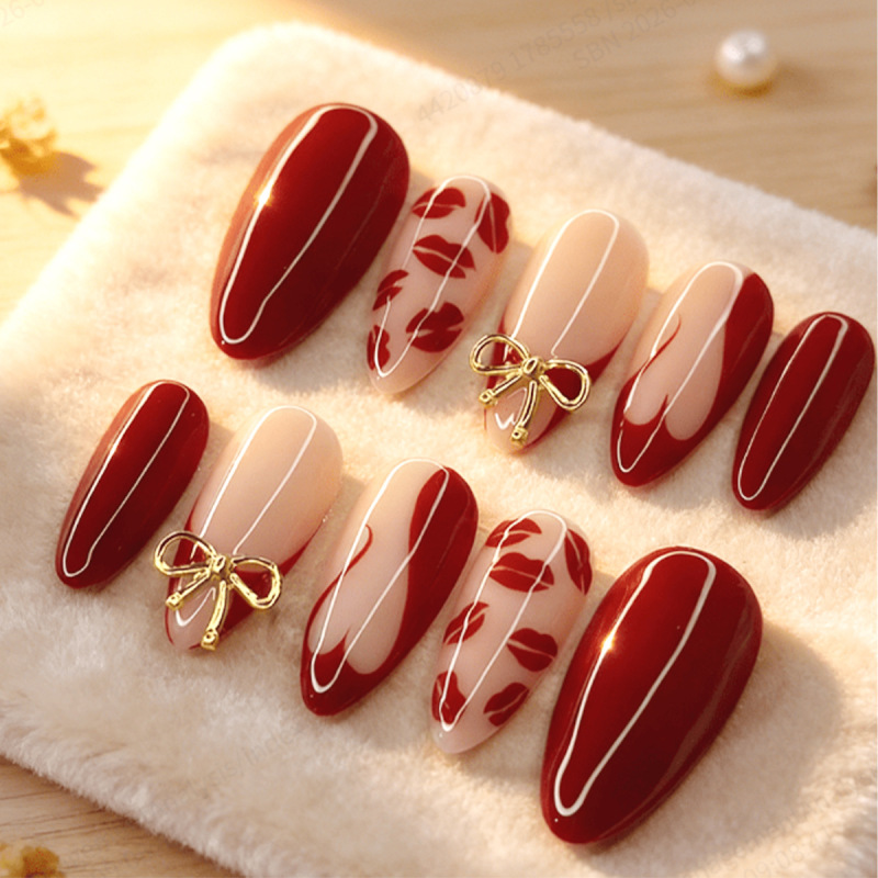 Retro Wine Red Heart Lip Print Wearable Nails, Medium-Length Almond Nails with Gold Bow Nail Stickers, 24 Pieces Removable Retro Wine Red Heart Lip Print Wearable Nails, Medium-Length Almond Nails with Gold Bow Nail Stickers, 24 Pieces Removable