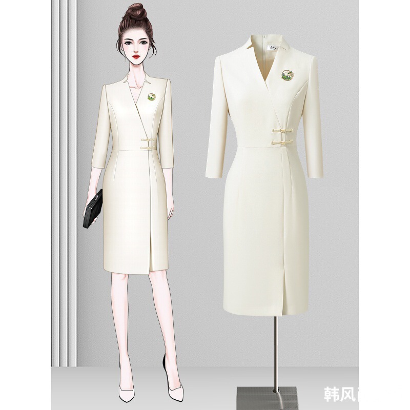 Spring and Summer Professional Dress for Women, Elegant Waist-Cinching Chinese-Style Cheongsam, High-End Medical Beauty Front Desk Uniform, Beautician Workwear