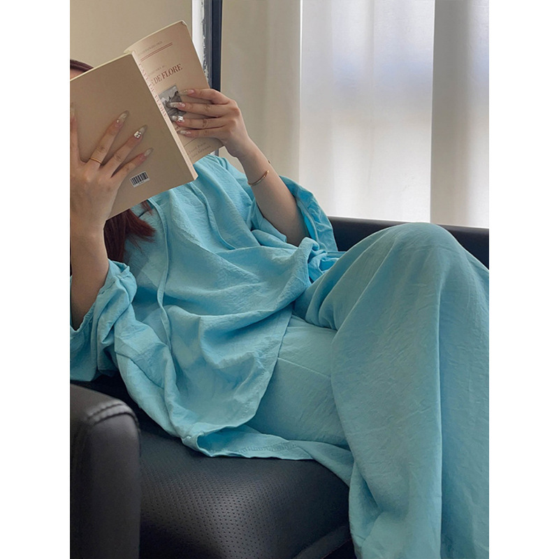French Style Baby Blue Solid Color Silk Pajamas Women's Spring and Autumn Casual Loose plus size Long Sleeve Trousers Home Clothes suit