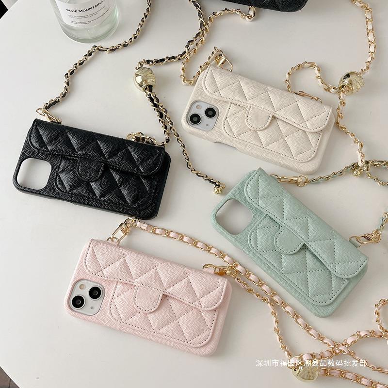 Small Chanel Style Diamond Card iPhone15 Phone Case Caviar Apple 16 Protective Case Flip Card 13