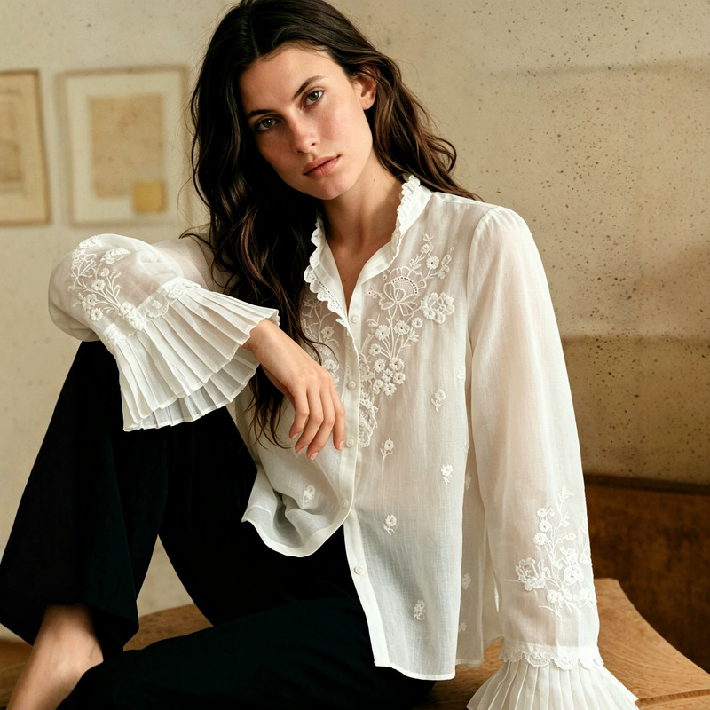 SE26 early autumn new white shirt, French elegant style, accordion pleats, bell sleeves, floral embroidery, stand-up collar shirt for women
