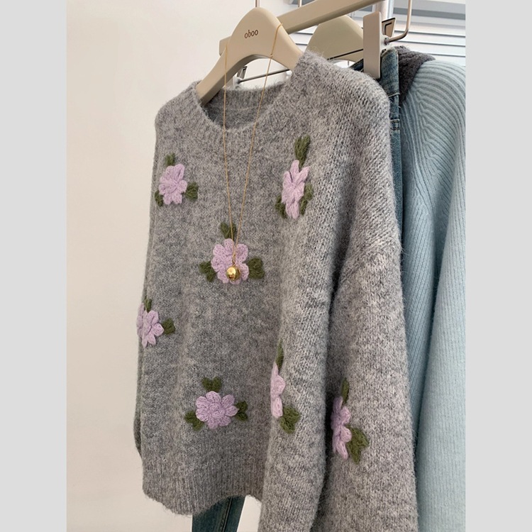 Collar redondo gris flor tridimensional bordado jersey jersey suéter de diseño para mujeres nicho suelto blusa delgada image 3