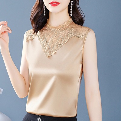 2021新款丝绸缎面蕾丝内搭背心女大码宽松上衣遮肚子吊带时尚洋气