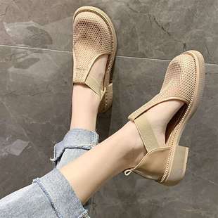 Women's Fashion Sandals 2025 Summer New Versatile Breathable Mesh Chunky Heel Closed-Toe Slip-On