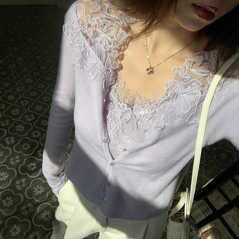 33 Wool Blended Lace Knitwear Women's Design Long-Sleeved Bottoming Shirt with Long-Sleeved Autumn