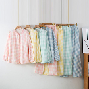2025 New Simple Plaid Pure Cotton Double-Layer Gauze Pajamas Couple Style Spring and Summer Thin Long-Sleeved Home Wear Set