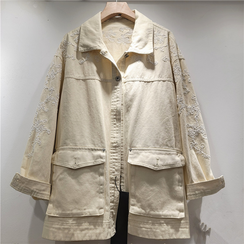 Chaqueta Vaquera con Bordado Floral de Poliéster, Holgada de Manga Larga para Primavera