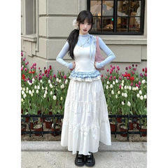 隨心裁假兩件長袖t恤女抽褶花邊吊帶內搭打底衫上衣設計感體恤潮