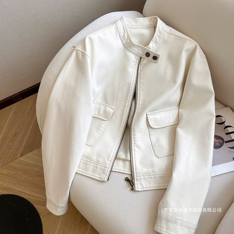 Korean Style Casual Off-White Pu Leather Short Motorcycle Jacket Leather Jacket for Women 2025 Spring New Retro Trendyy Jacket Outer