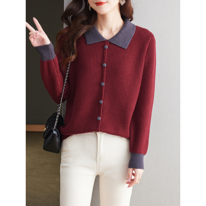 Suéter de solapa para mujeres 2025 otoño nuevo polo cuello exterior envejecimiento de madres color de punto camiseta de base superior image 3