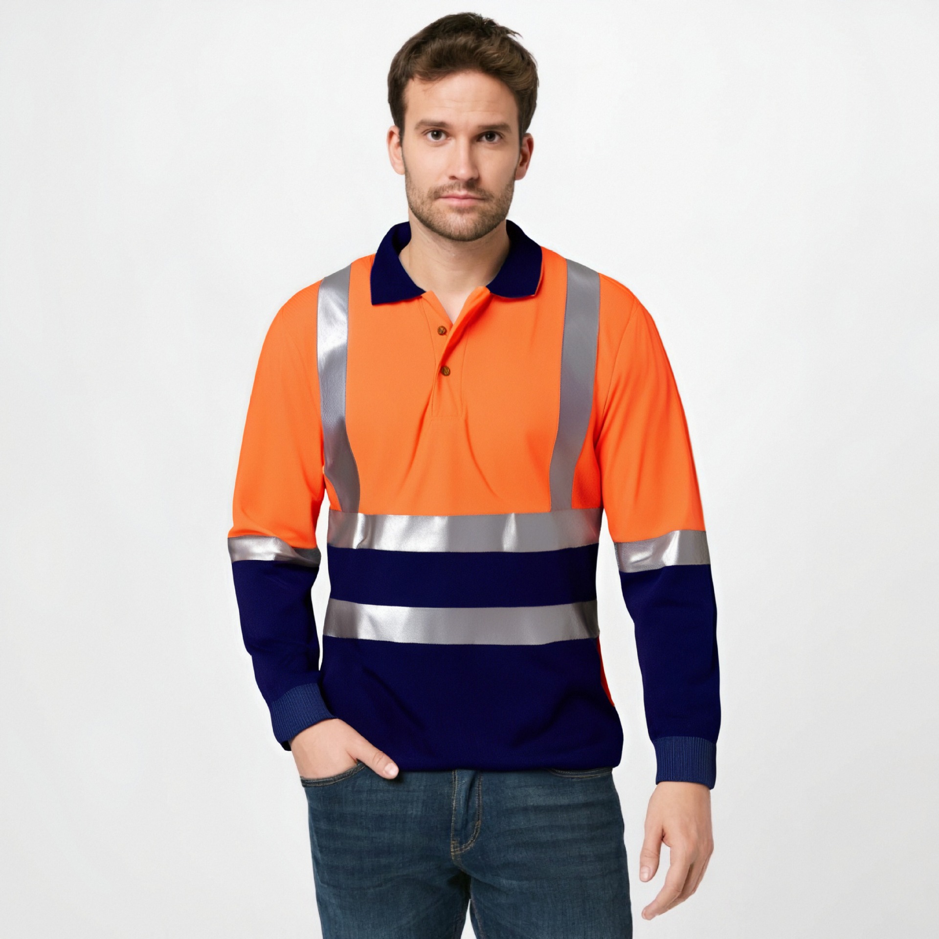 Camisa Polo de Manga Larga con Cinta Reflectante para Hombre, Ropa de Trabajo, Construcción Vial, Seguridad, Camisa de Trabajo con Cuello