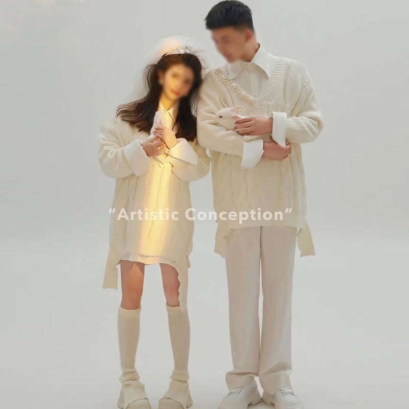 (2개) 새로운 한국식 사진 스튜디오 커플 사진 사진 촬영 게으른 스타일 스웨터 실내 간단한 작은 신선한 사진 테마 의류