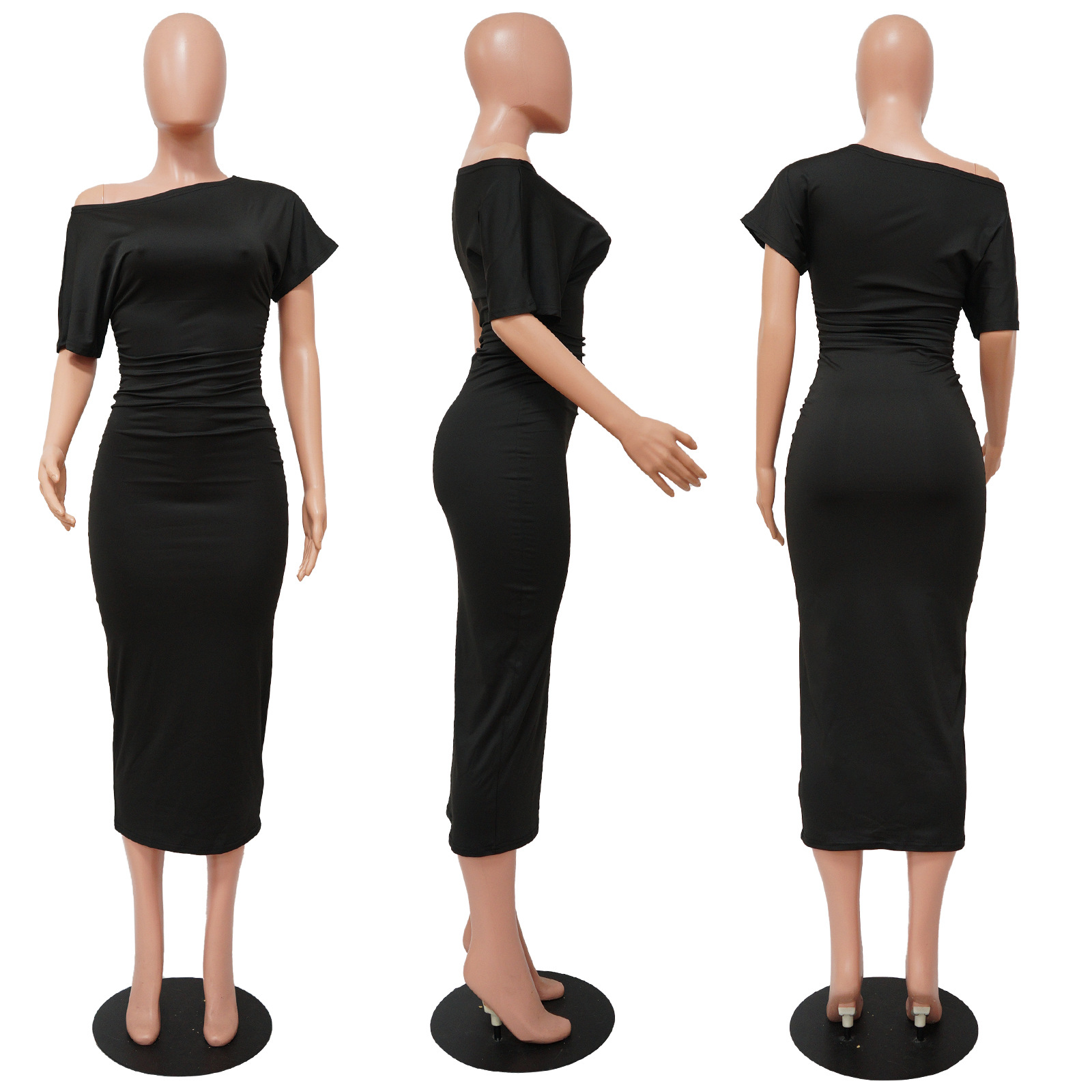 Women Clothing Popular Solid Color Pleated Slim-Fit Oblique Shoulder Dress 8 Women Clothing Popular Solid Color Pleated Slim-Fit Oblique Shoulder Dress