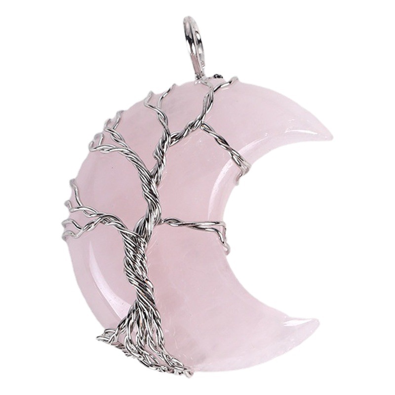 Europea y americana caliente-venta luna collar vida árbol fortuna árbol bobinado colgante de piedra natural amatista rosa colgante de cristal