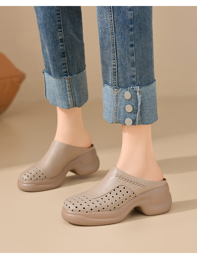 Dép sandal nữ da bò dệt rỗng, mũi trùm hở gót, đế dày ngoài trời — màu trắng ngà chi tiết 1