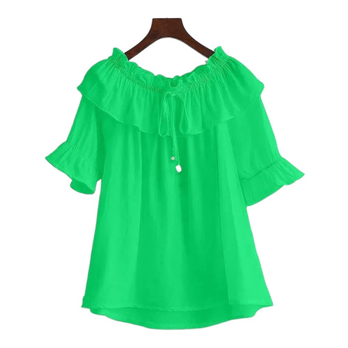 Slimming One-Shoulder Blouse with Bellows Sleeve and Pleated Hem, Korean Style Loose Top for 2025 Summer Trend