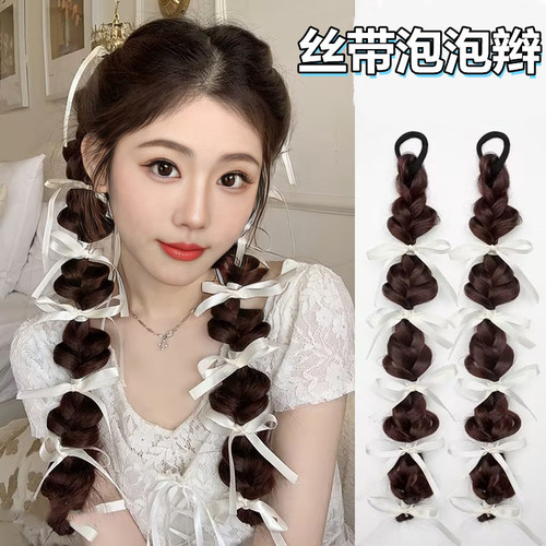 Live-streamed sales: Women's faux hair with ribbons, braided styles, bubble twists, ombre highlights, lantern-style pigtails, and double ponytails—realistic synthetic hair extensions