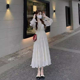 法式白色长袖连衣裙女装春季2024新款感小个子显瘦气质长裙子