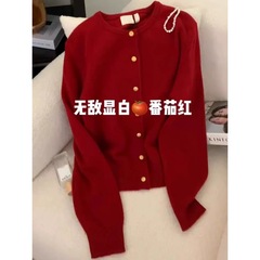 红色显白开衫女2025秋季新款小金扣高级感外套上衣韩系软糯毛衣