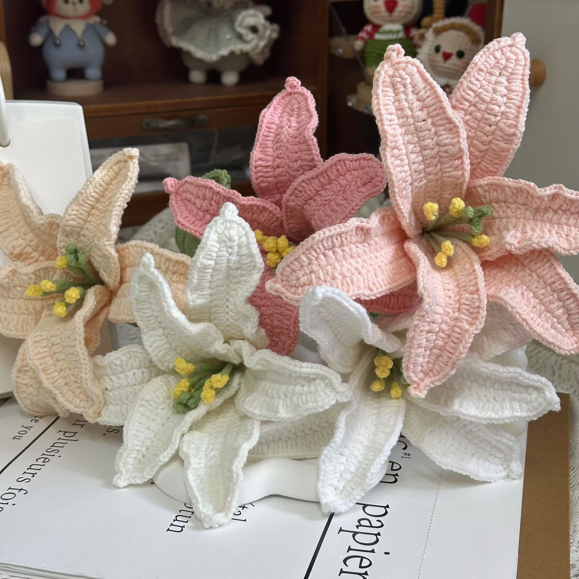 纯手工钩织百合针织花毛线花仿真花插瓶摆件搭配花束仿真花摆件