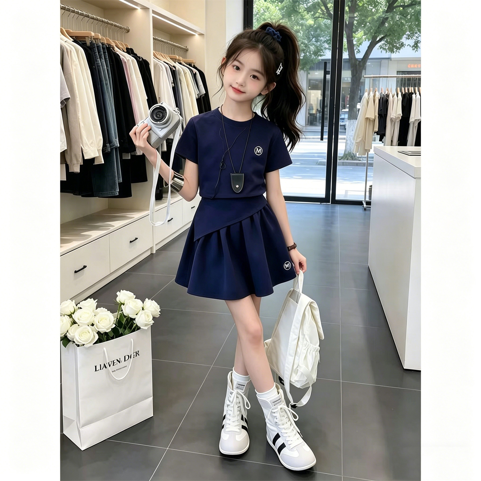 Unique and pretty summer outfit for little girls, 2026 new style, children's summer sportswear, short-sleeved dress for older girls.