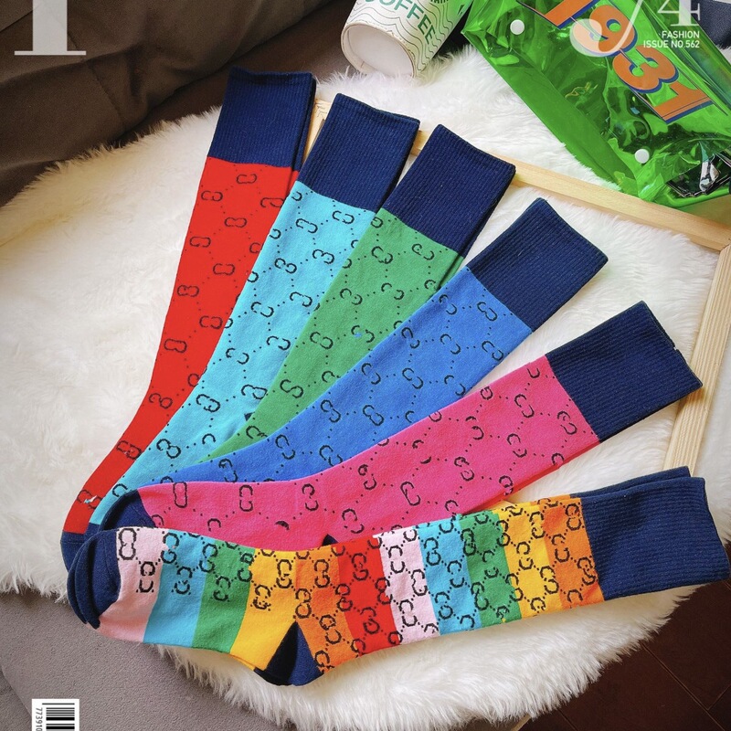 23 Spring New Fashionable Socks Letter and Knee Socks Contrast Color Rainbow Cotton Shaped Personality Slimming Women's College Style Shoulder Socks