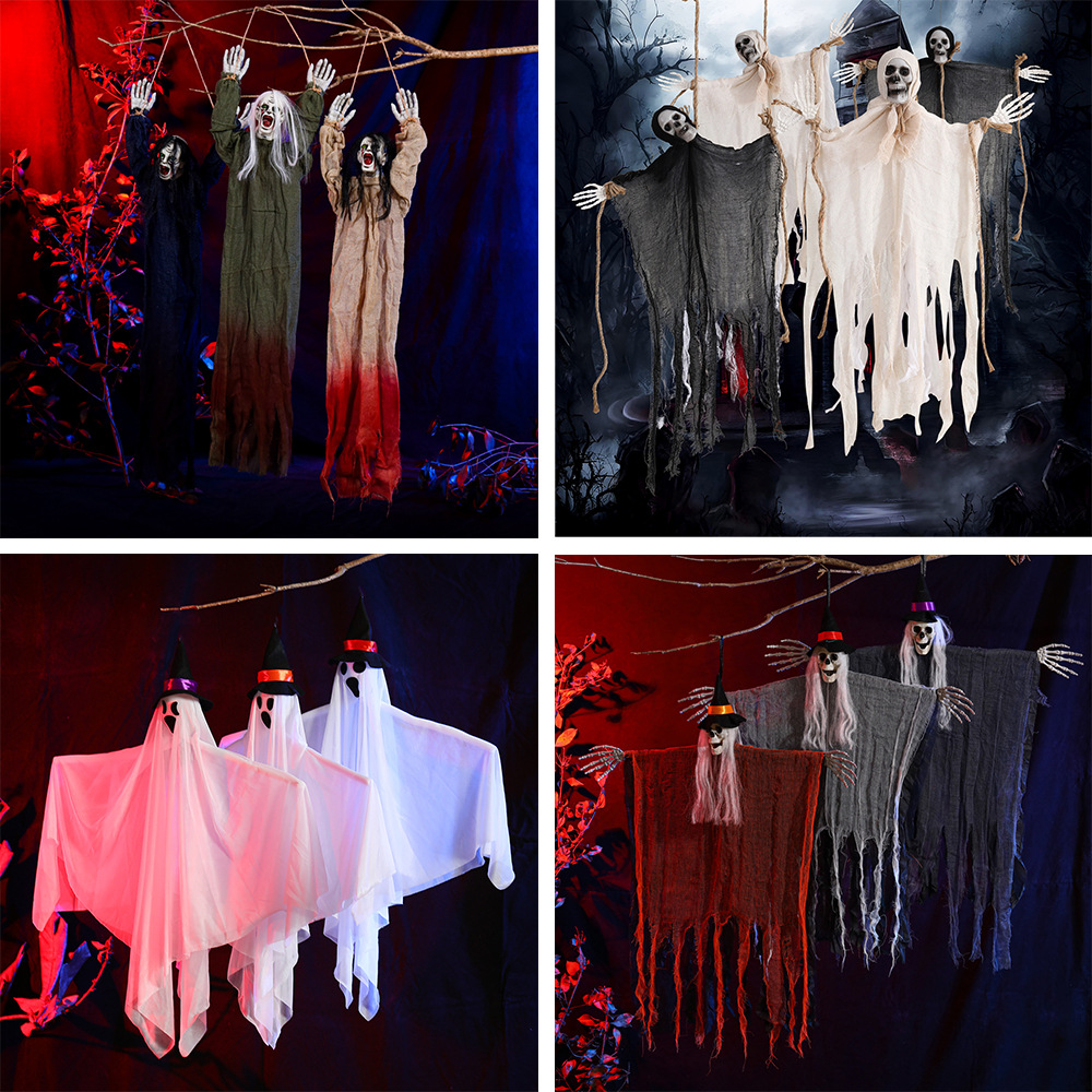Halloween transfronterizo colgar fantasmas de tres cabezas cascada colgar fantasmas habitaciones secretas patio colgar decoración de horrores accesorios