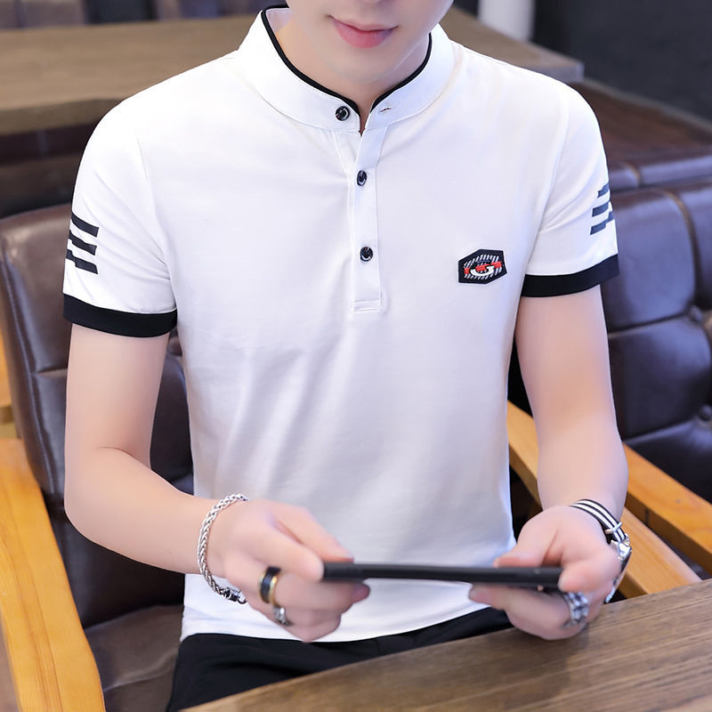 High-quality cotton men's short-sleeved t-shirt, summer trendy new style, collared, mid-length polo shirt, men's T-shirt.