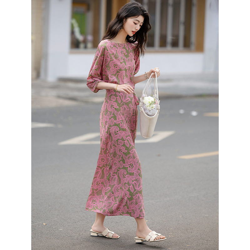 Elegant Retro Printed Tea Break Dress for Women 2025 Summer New One-Shoulder Strap Waist Long Dress