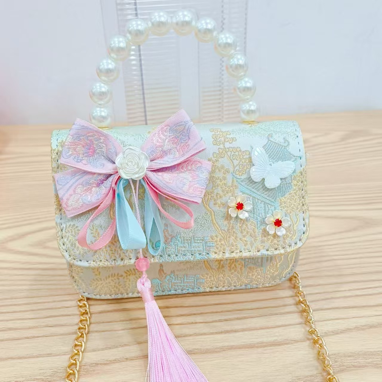Guofeng princesa bolso de perlas, bolso de cambio de chicas, bolso de regalo para niños, bolso de accesorios de ropa china