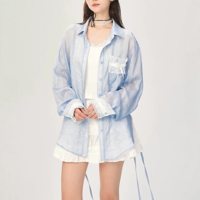 Bzxc Design-Inspired Lace Patchwork Slit Shirt for Women, Long-Sleeve, New Spring/Summer Thin Loose Casual Sun-Protection Jacket