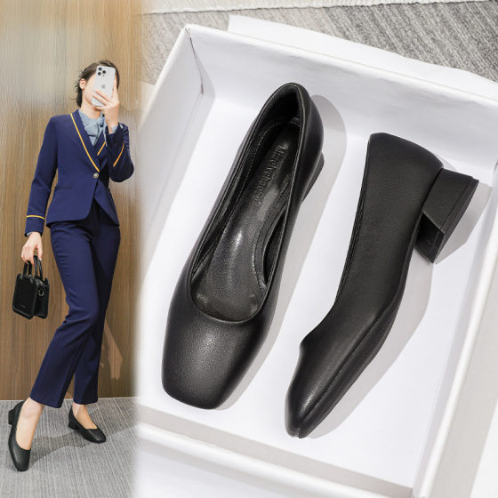 Work Shoes Women's Black Leather Shoes Comfortable for Work Interview Hotel Bank Non-slip Soft Bottom Professional Square Head Single Shoes Thick Heel