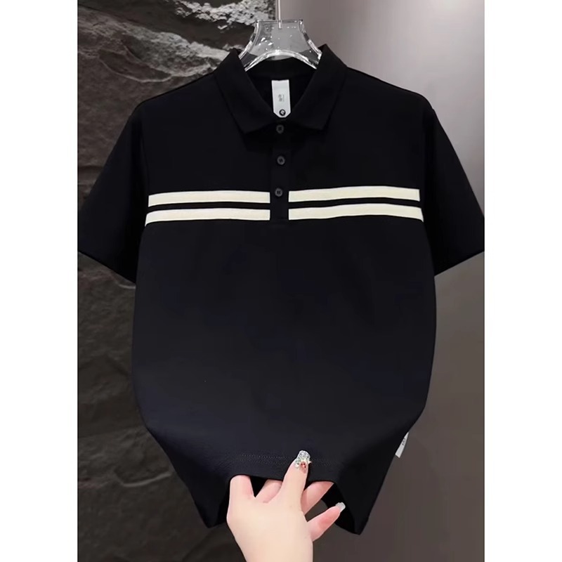 Men's Patchwork Striped Polo Shirt Short-Sleeved Summer 2025 Versatile Fashionable Youth Elegant Accessible Luxury Half-Sleeved T-Shirt