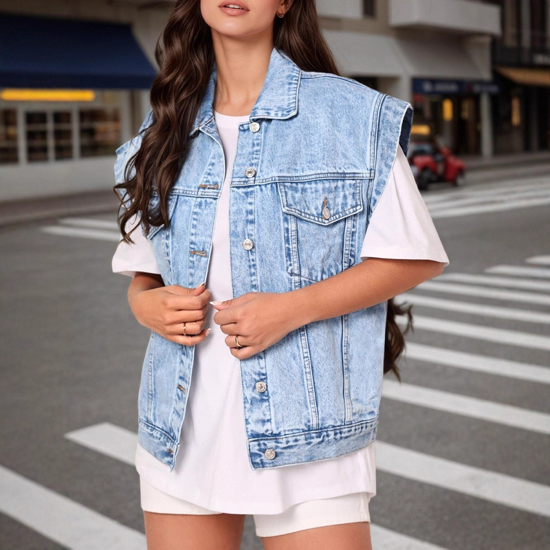 Cross-Border European and American Popular Simple Style Casual Fashion Denim Jacket Vest Top Women's Versatile Slim Classic Style