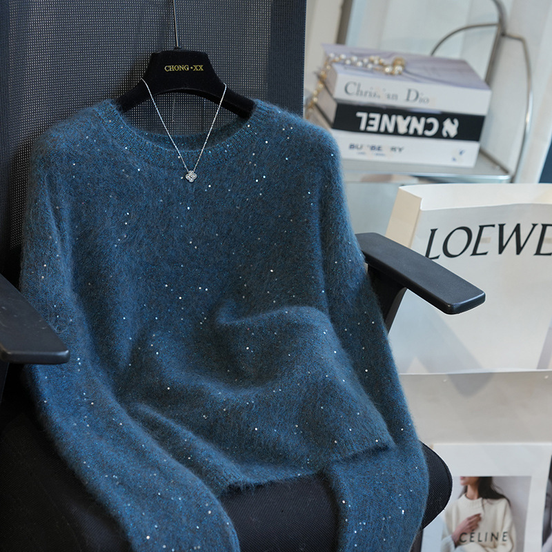 P24 Autumn/Winter Wool Cashmere Sequin Crew Neck Knitted Sweater Women's Fleece Sweater Base Layer Top
