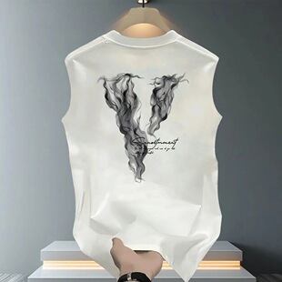 Summer Trendy Brand Round Neck Sleeveless T-Shirt Vest Men's American Style Waistcoat Fitness Creative Printed Pure Cotton Loose Top