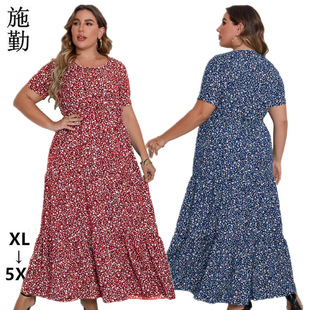 European and American Cross-border Trade plus size Women's Summer New Short-sleeved Crewneck Bohemian Beach dress