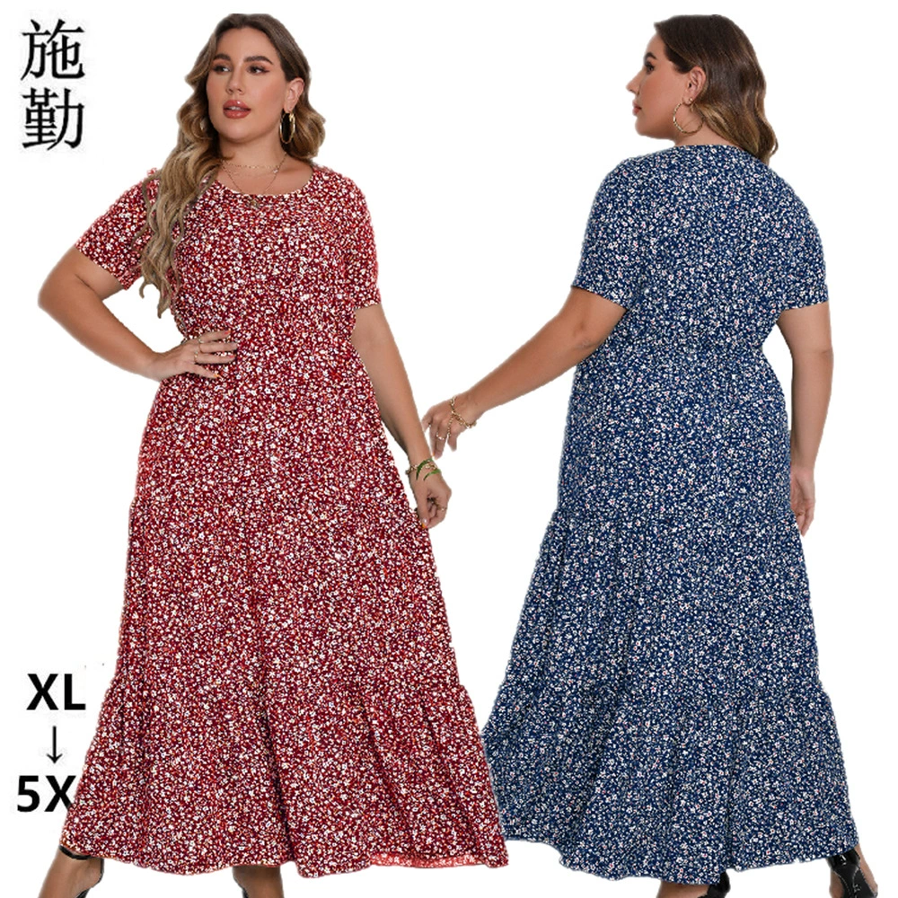 Европейская и американская трансграничная внешняя торговля большой размер женская летняя новая модель с короткими рукавами и круглым вырезом богемное пляжное платье