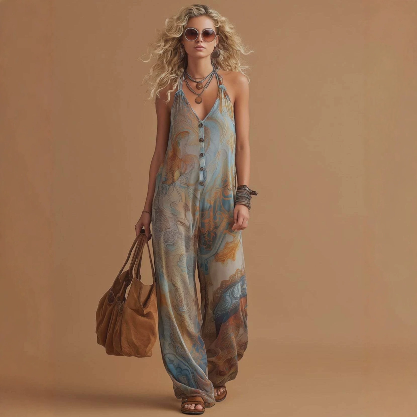 2026 Summer New Arrival European and American Cross-border E-commerce Amazon Retro Print Suspender Sleeveless Button Jumpsuit