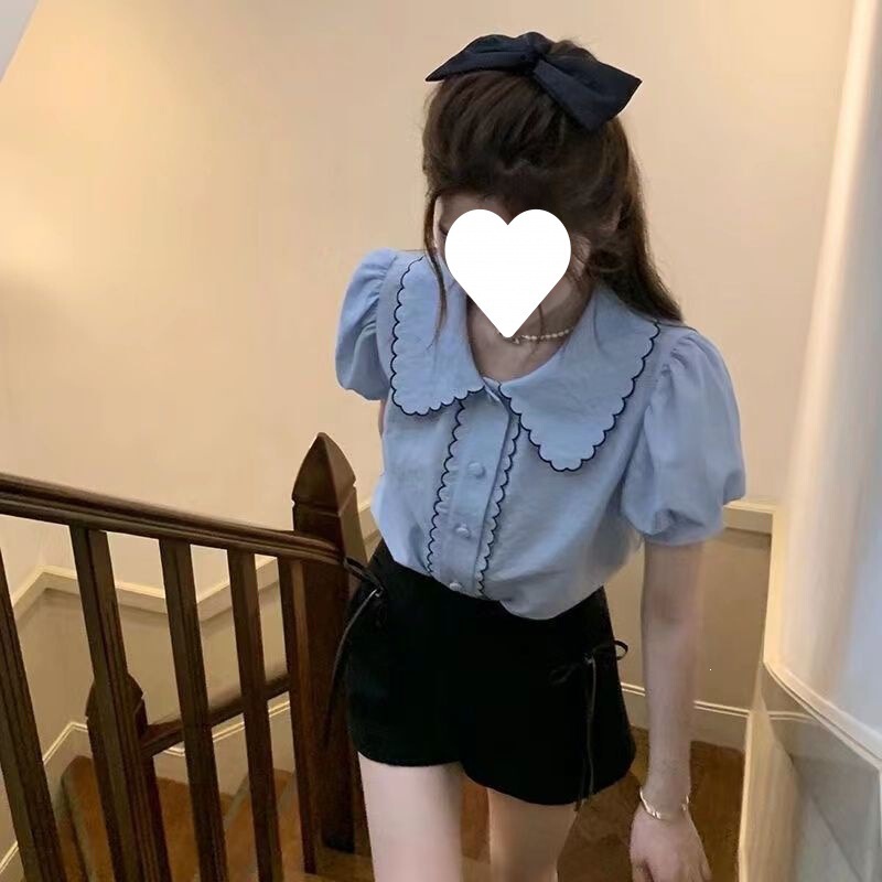 French-style puff sleeve blue doll collar short-sleeve shirt for women, unique design, 2026 new summer salt-style top