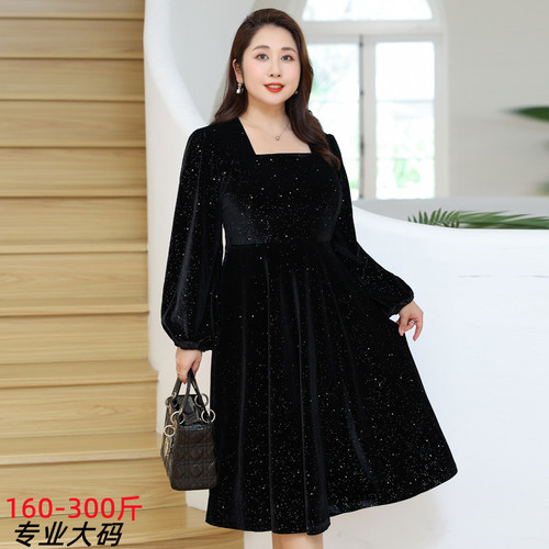 New autumn and winter plus size women's velvet sequin dress Thickened long-sleeved square collar mid-length large hem skirt 8371