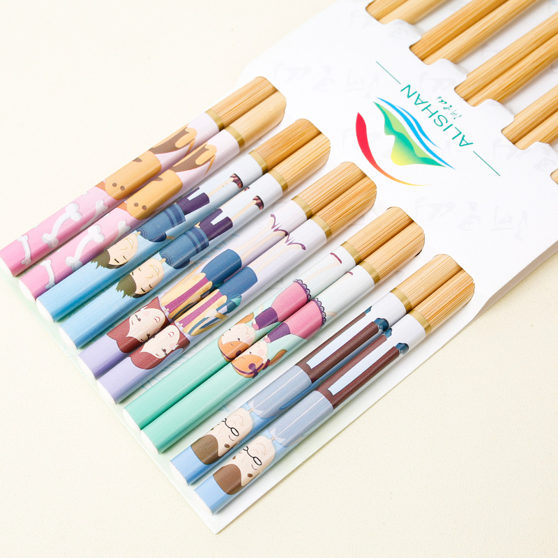 Palillos de bambú para el hogar al por mayor de dibujos animados macaron color de alto valor lindo 24cm comida dividida una persona, palillos 5 pares caja de regalo