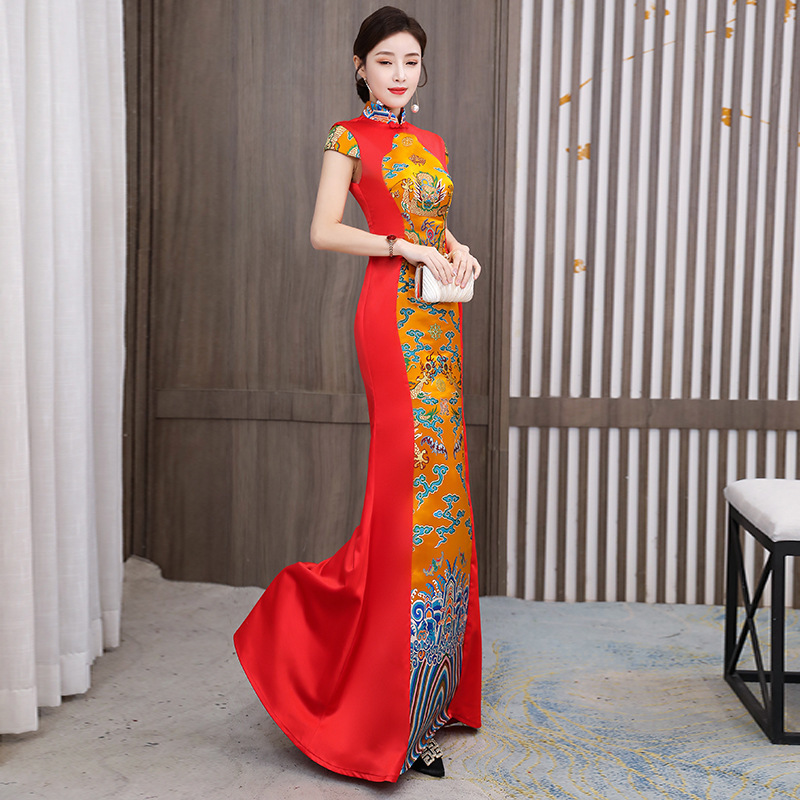 Long Chinese dresses dragon pattern evening dress annual meeting host