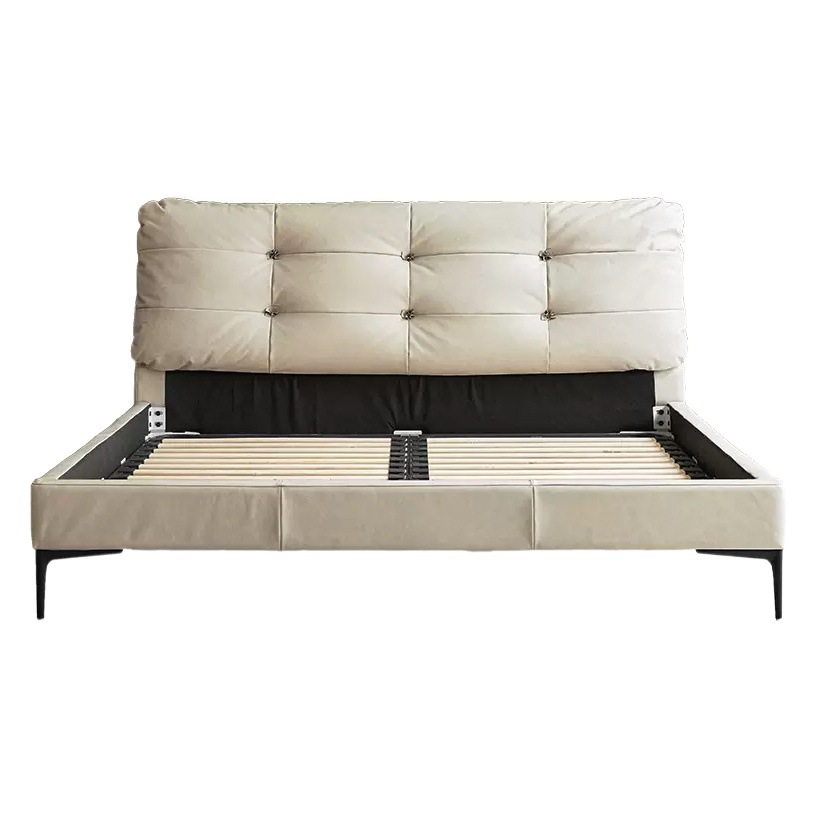 Cama de cuero de primera calidad estilo italiano minimalista, cama doble de cuero suave tipo nube para dormitorio principal con almacenamiento.